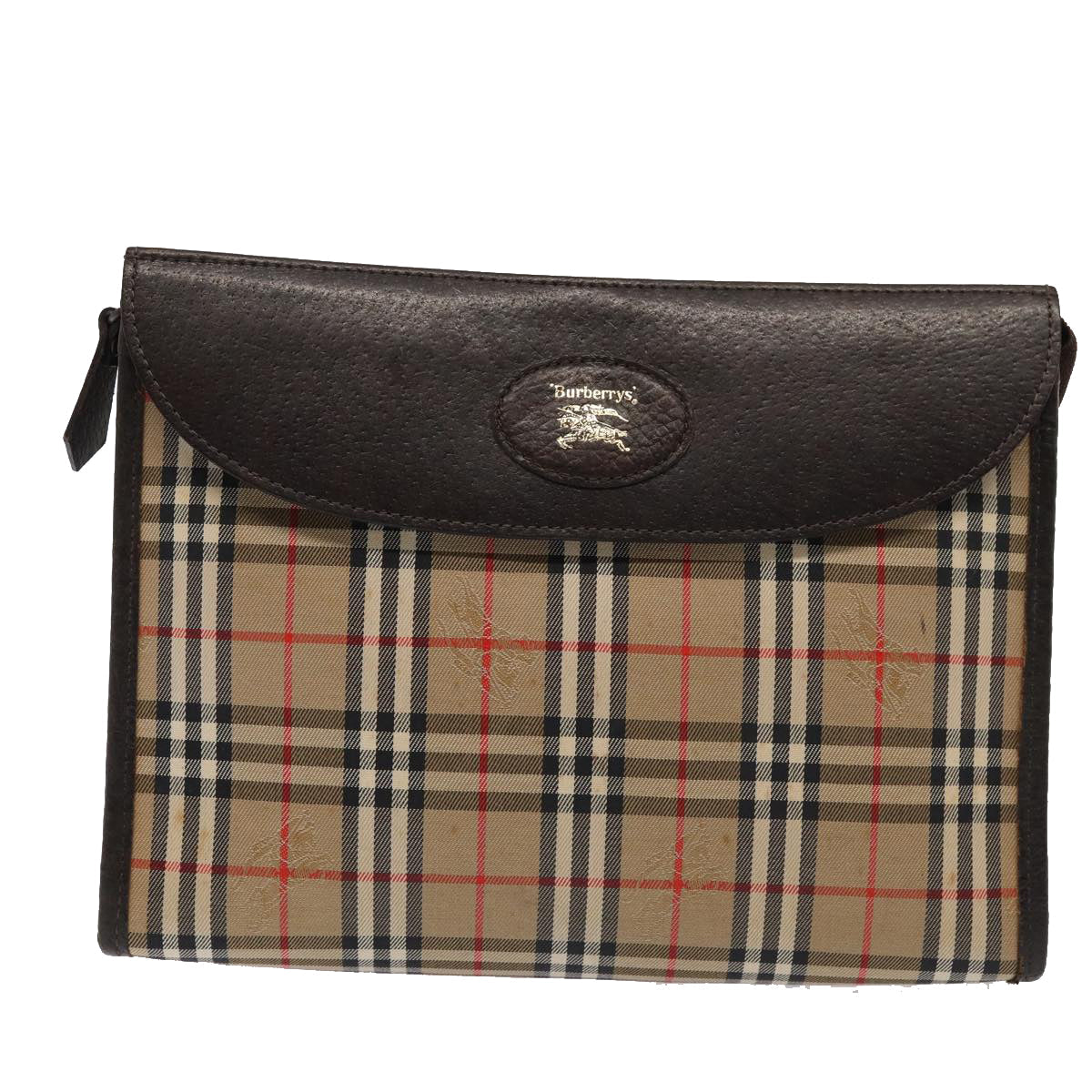 Luxury BurberrySs Nova Check Clutch Bag Canvas Leather Beige Brown gold Auth bs17029