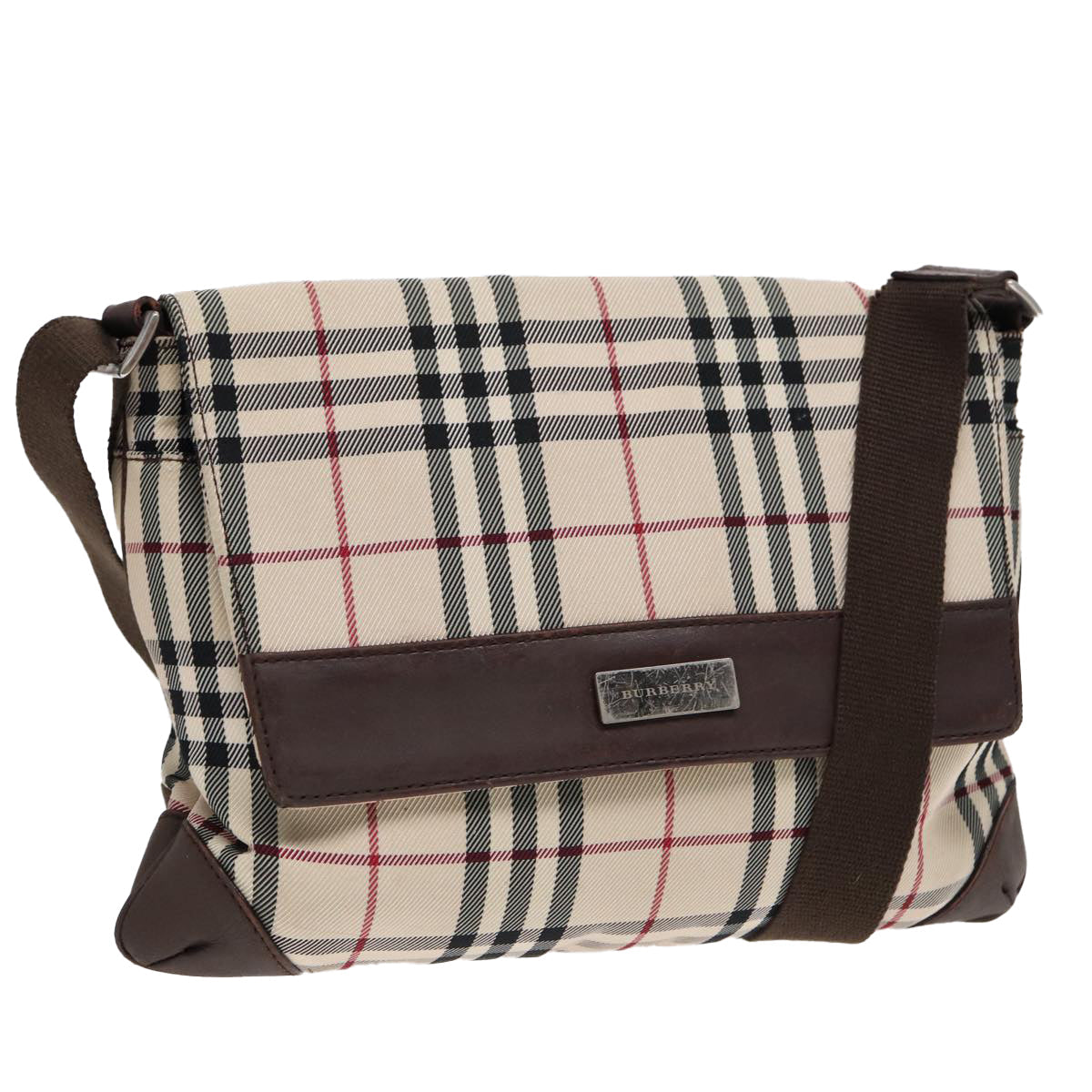 Luxury Burberry Nova Check Shoulder Bag Nylon Beige Brown Silver Auth bs17441