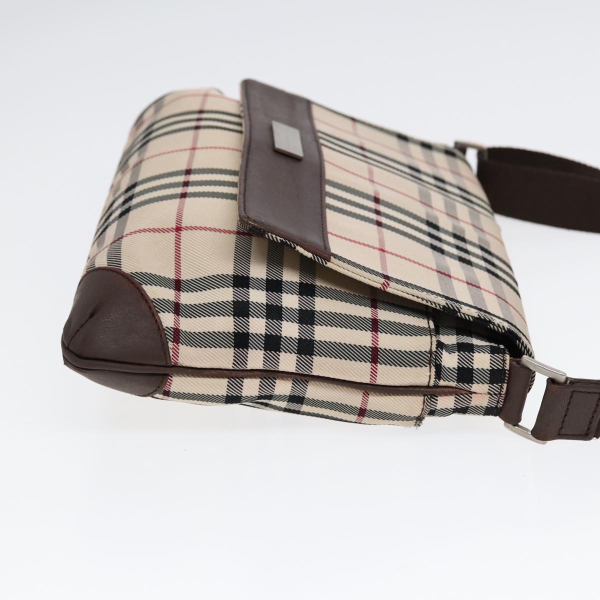 Luxury Burberry Nova Check Shoulder Bag Nylon Beige Brown Silver Auth bs17441