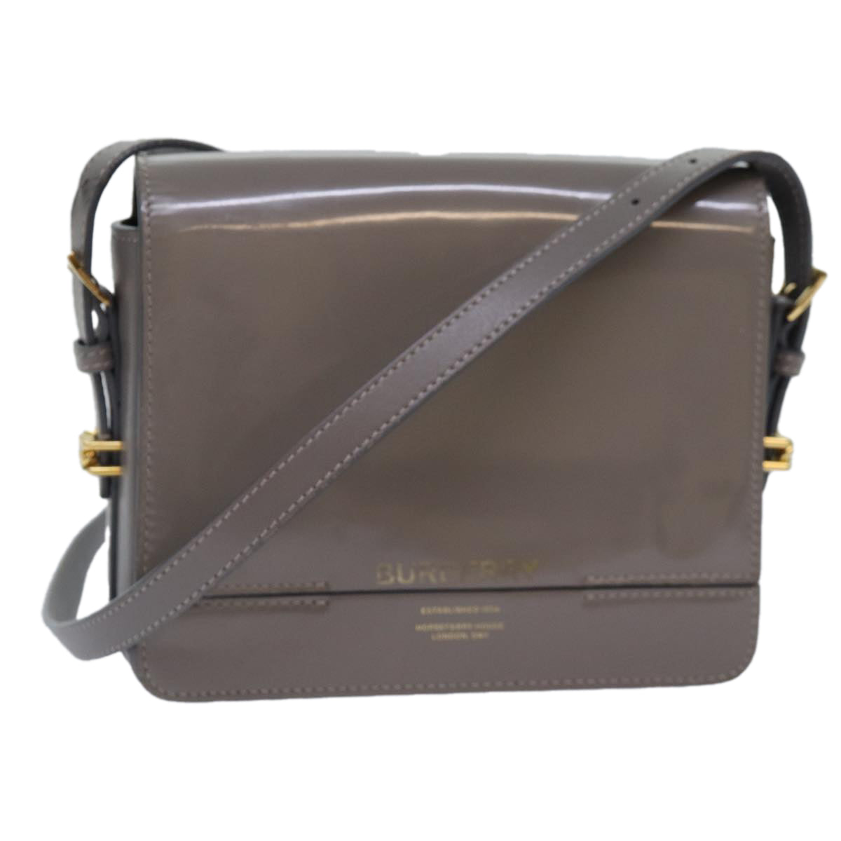 Luxury Burberry Shoulder Bag Patent leather Gray Gold Auth bs17639