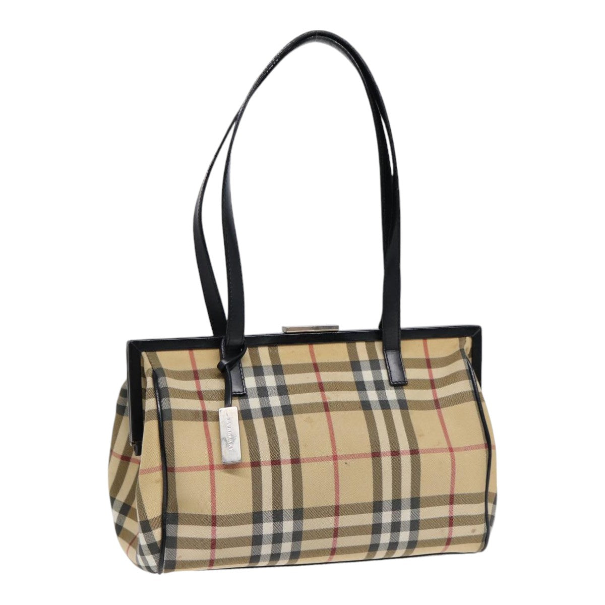 Luxury Burberry Nova Check Shoulder Bag PVC Beige Silver Auth bs17694