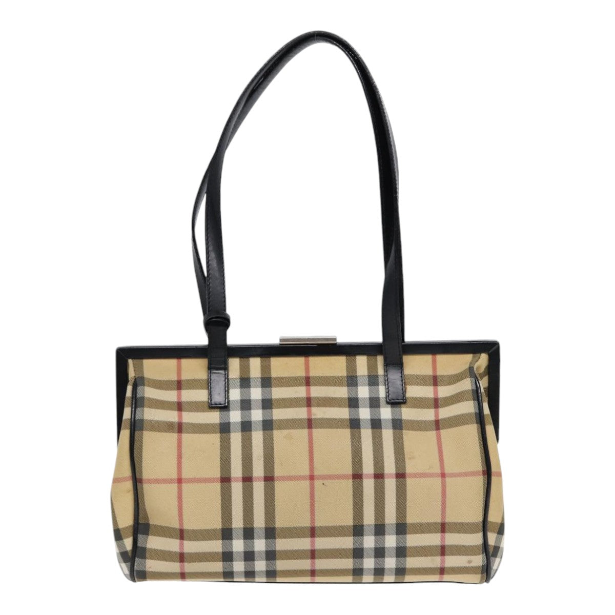 Luxury Burberry Nova Check Shoulder Bag PVC Beige Silver Auth bs17694