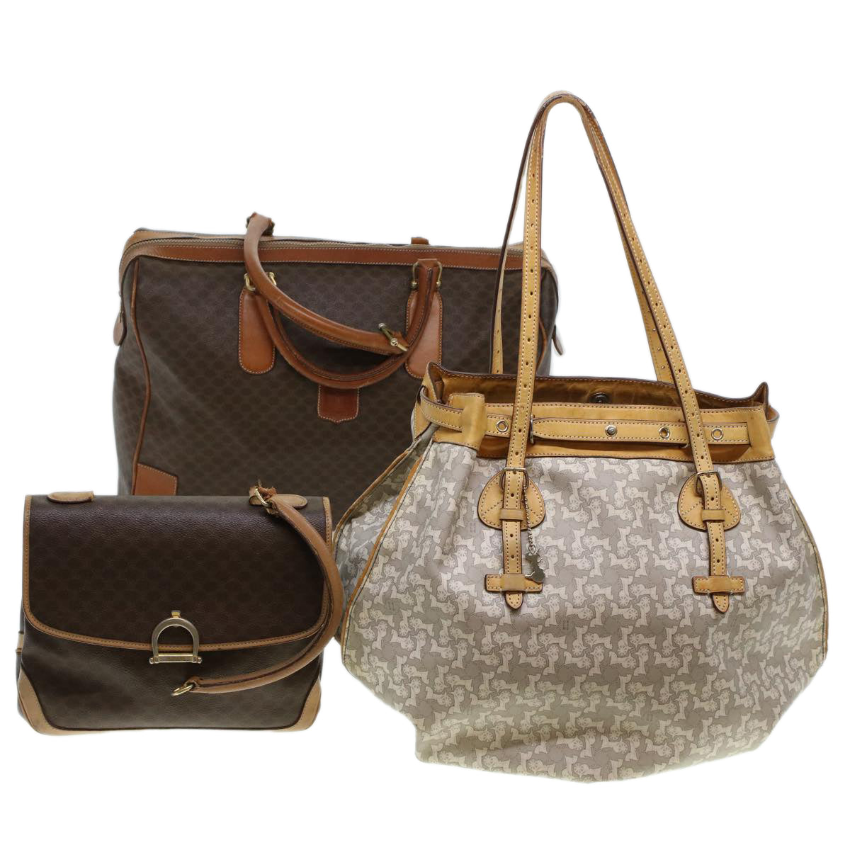 Luxury CELINE Macadam Canvas Hand Bag Boston Bag PVC Leather 3Set Beige  5171