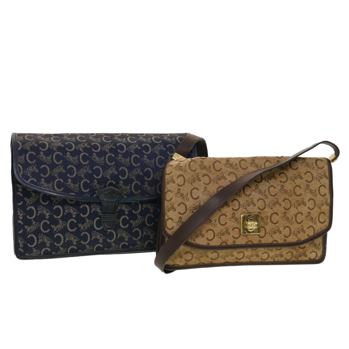 Luxury CELINE C Macadam Canvas Clutch Shoulder Bag 2Set Beige Navy 5756