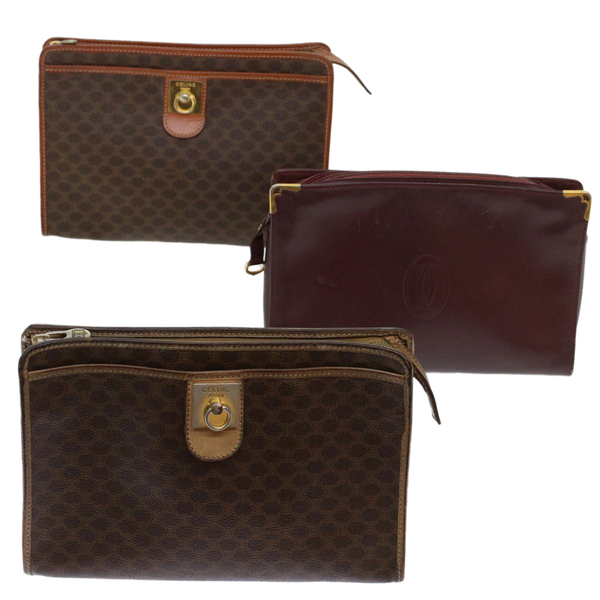 Luxury CELINE Cartier Macadam Canvas Clutch Bag Leather 3Set Wine Red Brown 6276