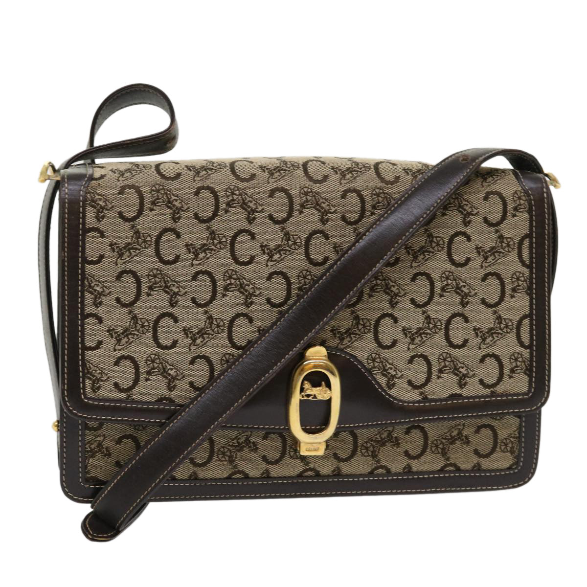 Luxury CELINE C Macadam Canvas Shoulder Bag Canvas Leather Beige Dark Brown  6694
