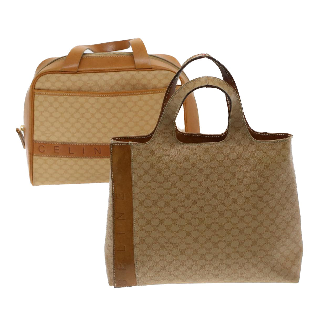 Luxury CELINE Macadam Canvas Hand Bag PVC Leather 2Set Beige Brown  7502