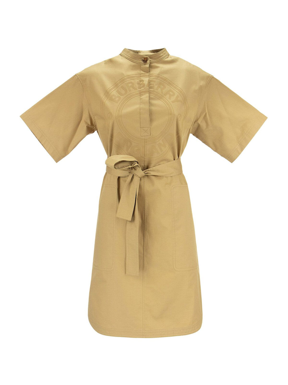 BURBERRY ABBIE SMOKE STITCH COTTON TWILL DRESS WITH GRAPHIC LOGO
