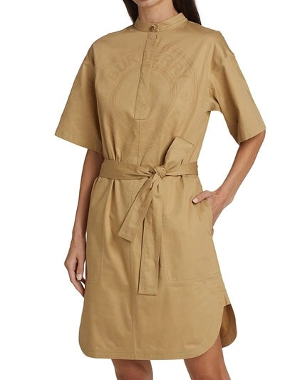 BURBERRY ABBIE SMOKE STITCH COTTON TWILL DRESS WITH GRAPHIC LOGO