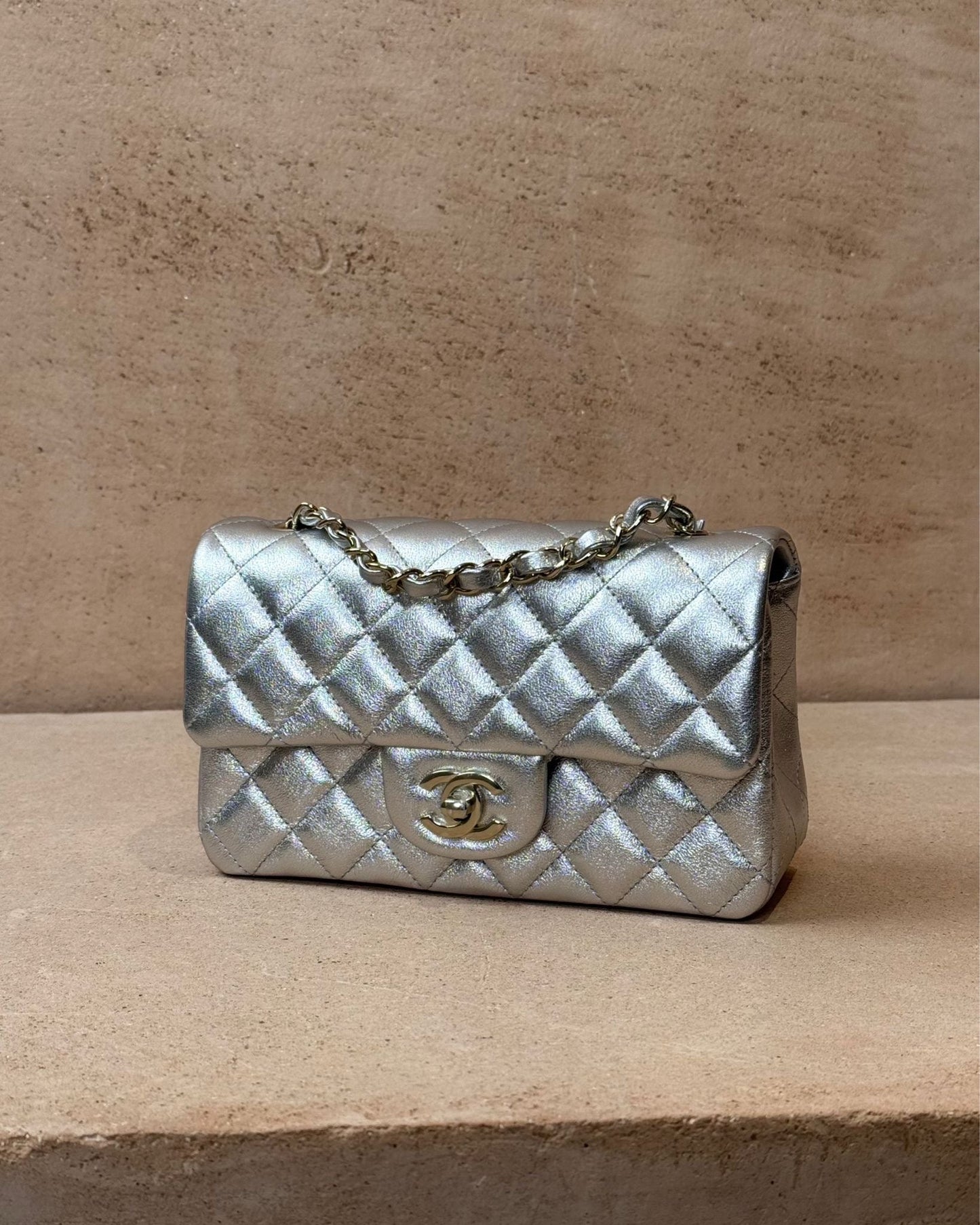 Chanel Mini Rectangular - Silver Metallic Lambskin | Champagne Gold Hardware