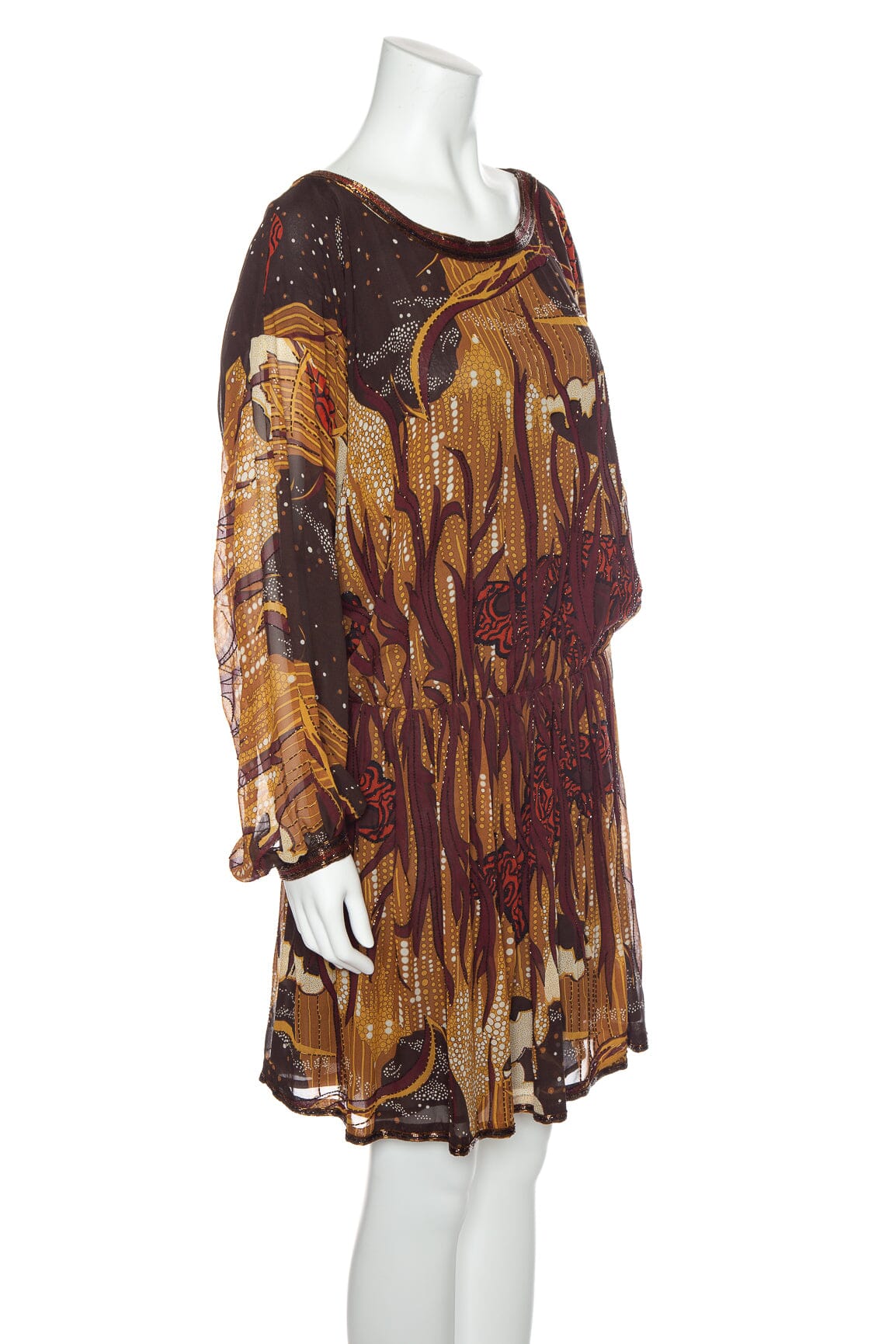 Gucci 2015 Brown Printed and Beaded Long Sleeve Dress SZ 40