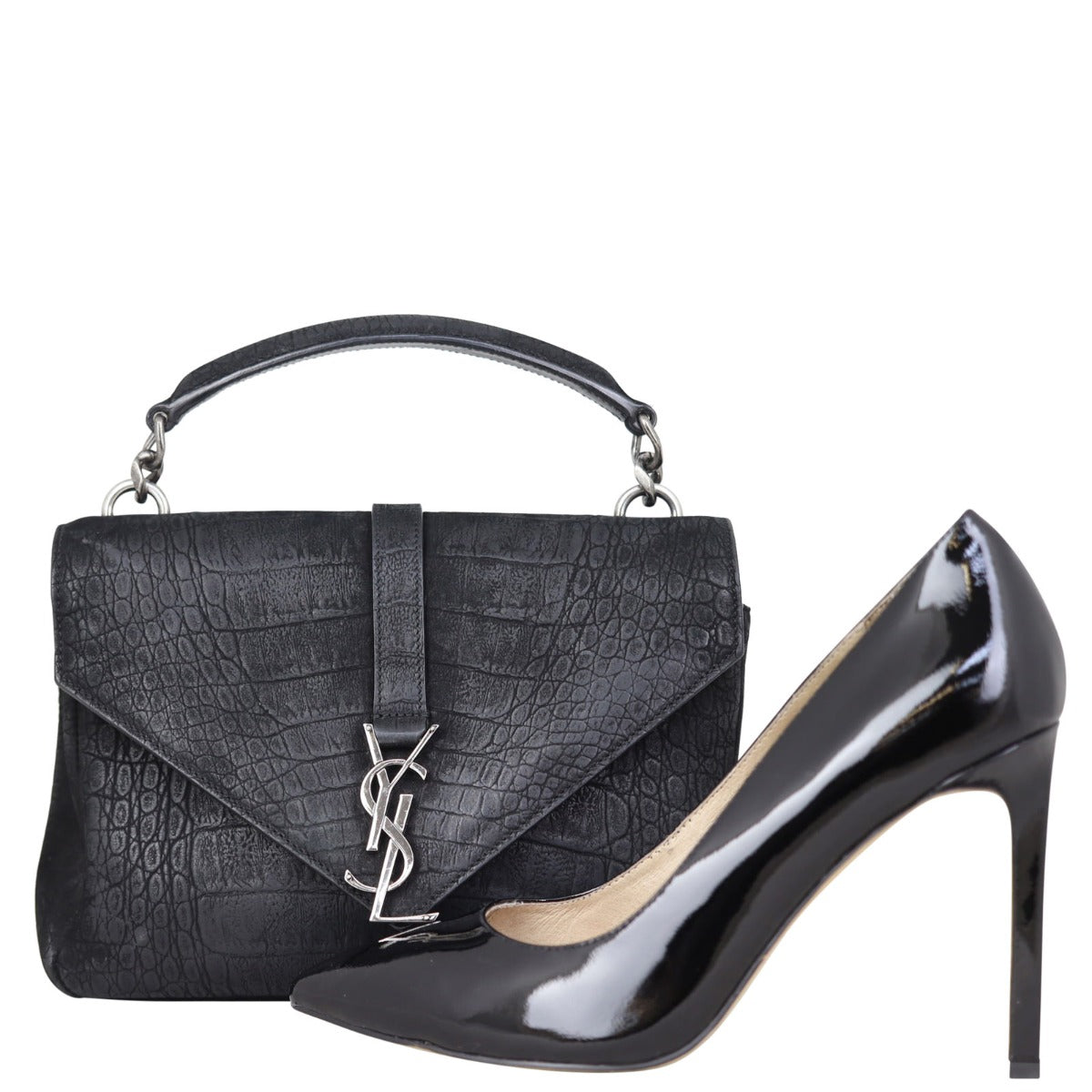 Saint Laurent College Medium Croc-Embossed Nubuck