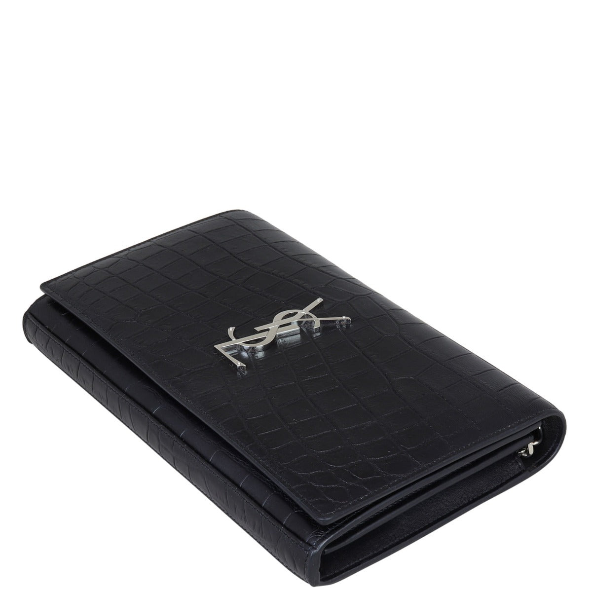 Saint Laurent Cassandre Chain Wallet Croc-Embossed
