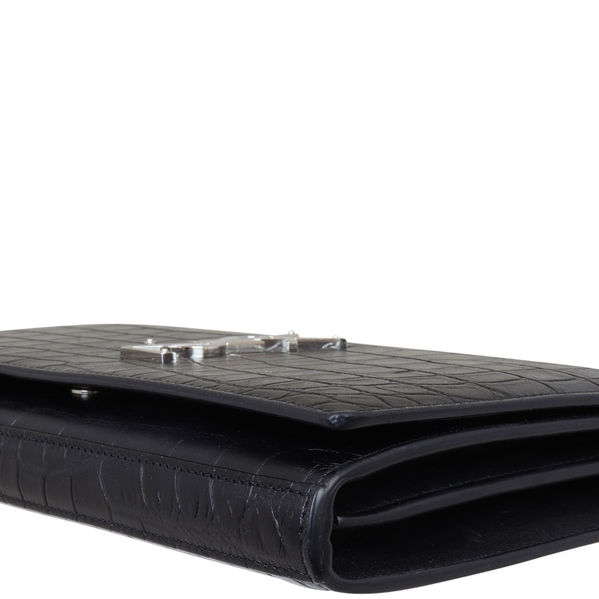 Saint Laurent Cassandre Chain Wallet Croc-Embossed