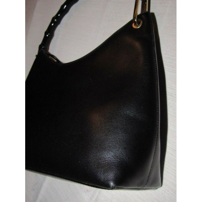 Gucci Shopper Tote With V Shaped Top Bamboo Handle Black Leather Hobo Bag
