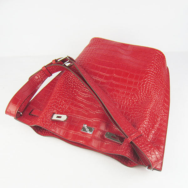 Luxury Hermes Crocodile vein Shoulder Bag H2804 red Silver
