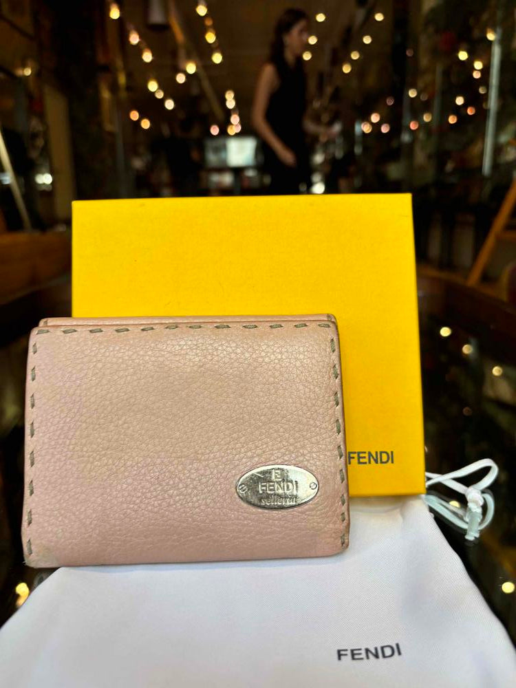 Fendi Light Pink Leather Selleria Stitch Compact Wallet