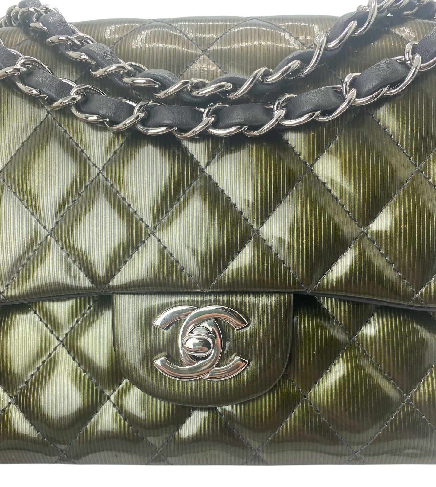 Chanel Medium Dark Green Straited Patent Leather Double Flap Timeless Classic Bag SHW