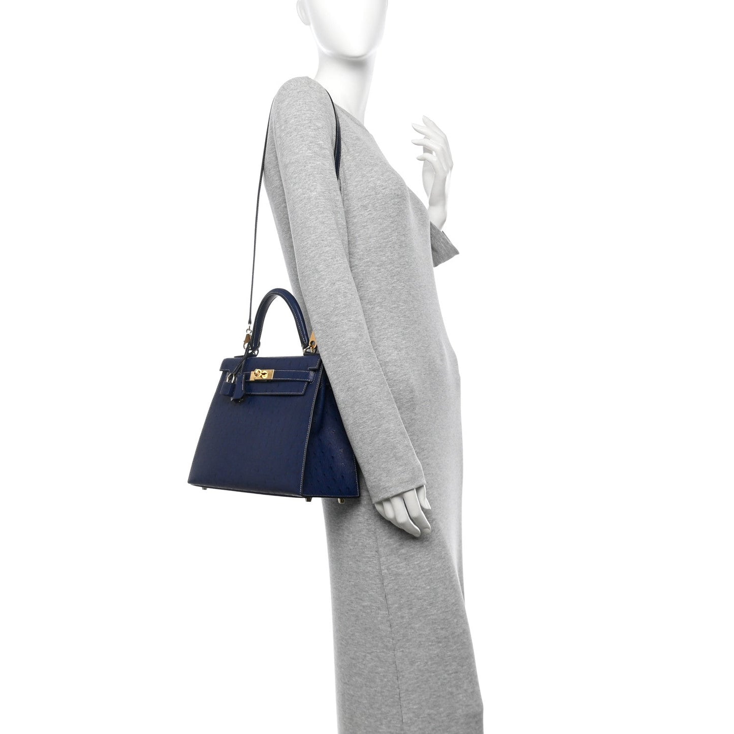 Hermes Ostrich Horseshoe Kelly Sellier 28 Bleu Iris