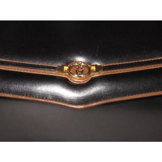 Gucci Vintage Pursesdesigner Purses Glossy Black Leather With Brown Leather Trim And Gold Equestrian