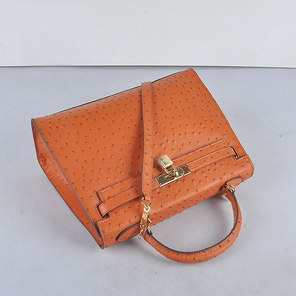 Luxury Hermes Kelly 32cm Ostrich Vein 6108 Orange Golden