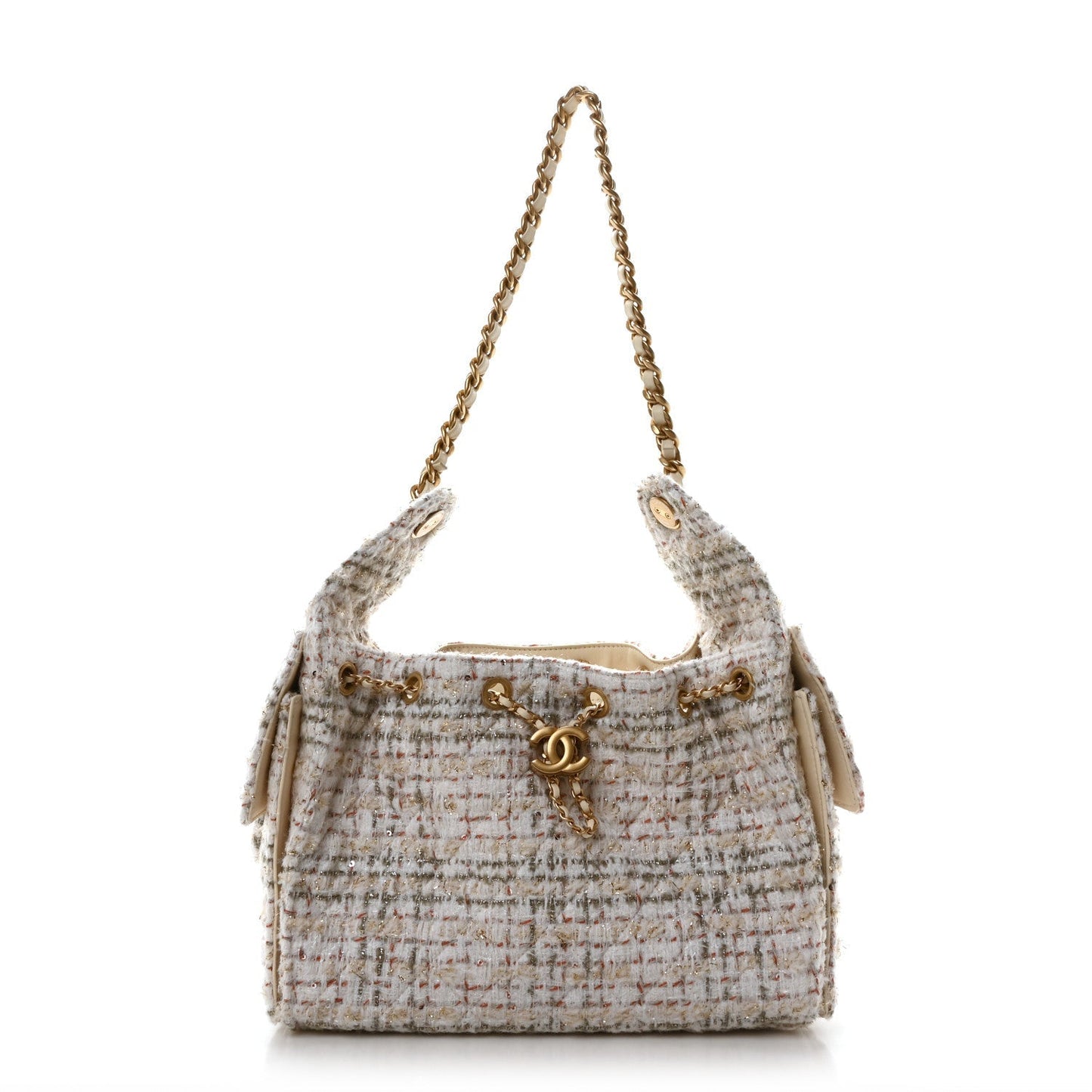 Tweed Quilted Small Chanel 25 Handbag Ecru Khaki Gold Red