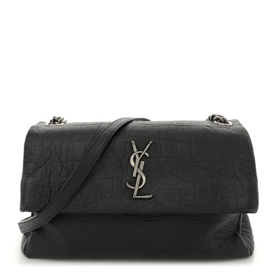 Saint Laurent Calfskin Crocodile Embossed Medium West Hollywood Monogram Fold-Over Black