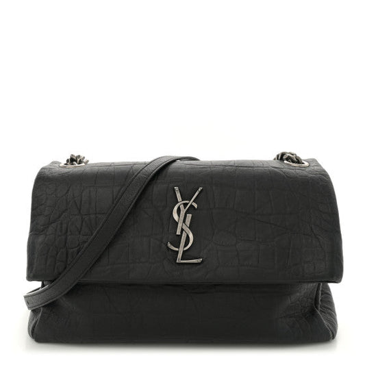 Saint Laurent Calfskin Crocodile Embossed Medium West Hollywood Monogram Fold-Over Black