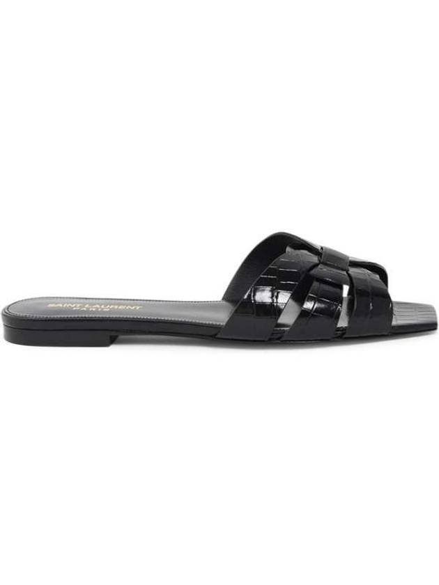 Luxury Saint Laurent Trending 2025 Tribute Crocodile Embossed Shiny Leather Mules Black