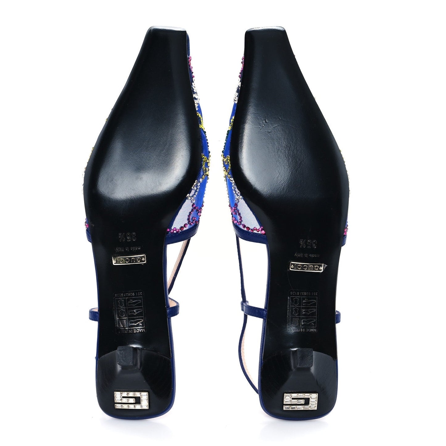 Gucci Tela Retino Nappa Charlotte Crystal GG Monogram Square G 35mm Slingback Pumps 35.5 Splash Net Blue Witch