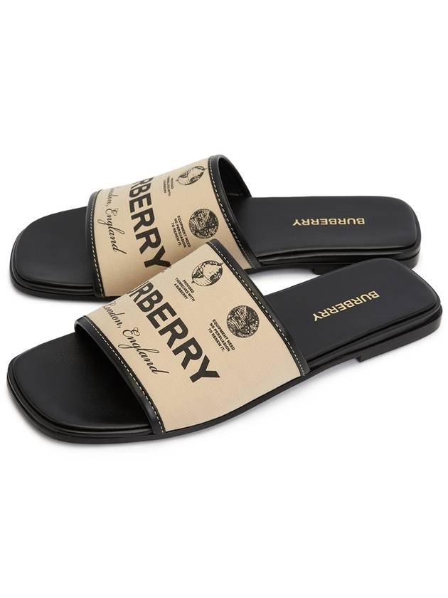 Luxury Burberry Label Print Gabardine Leather Slippers Beige