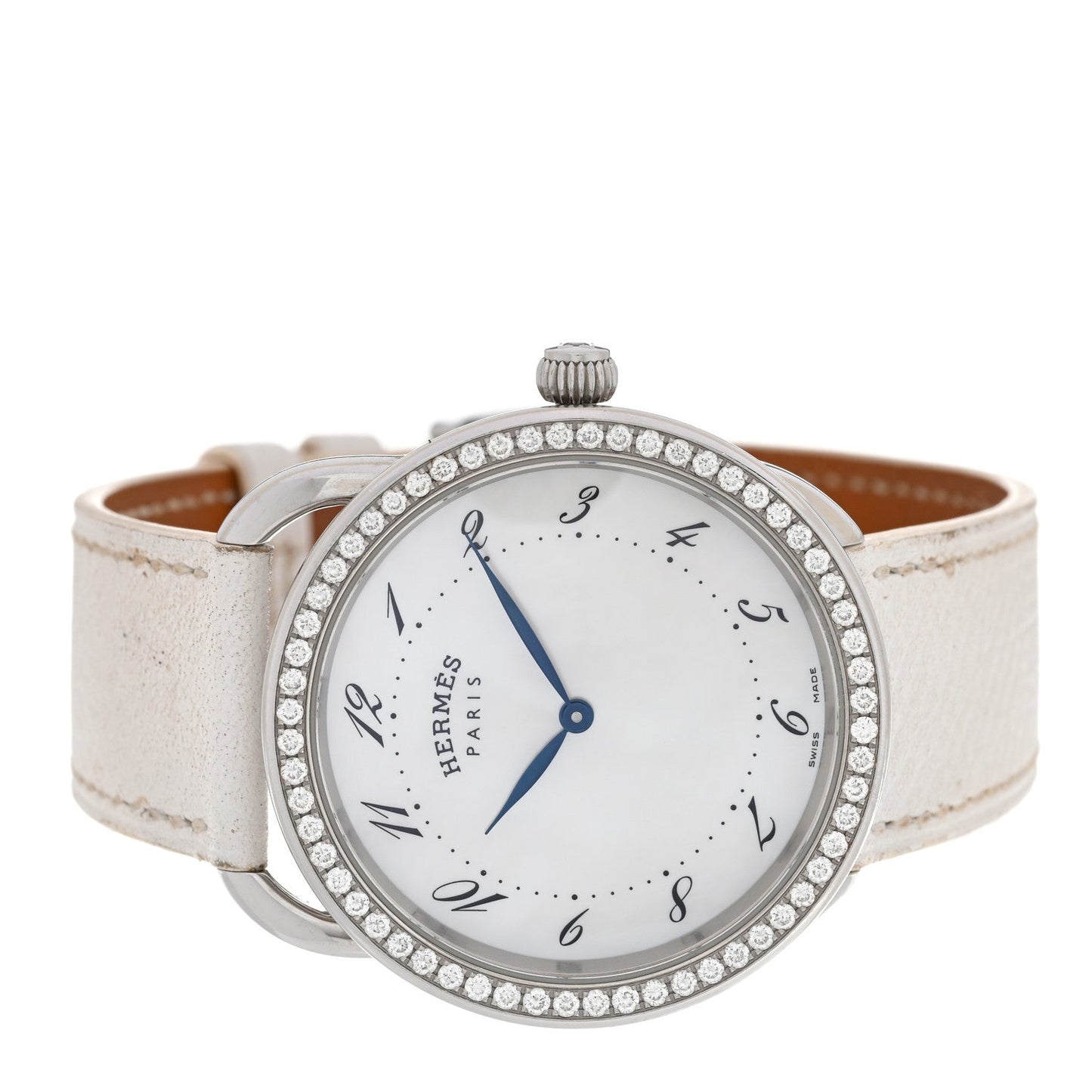 Hermes Stainless Steel Epsom Diamond Bezel Mother of Pearl 38mm Arceau Quartz Watch Blanc