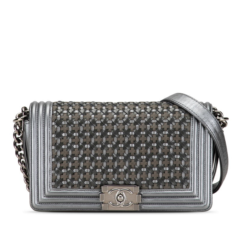 Chanel Boy Chanel 25 Chain Shoulder Bag Khaki Silver Leather   CHANEL