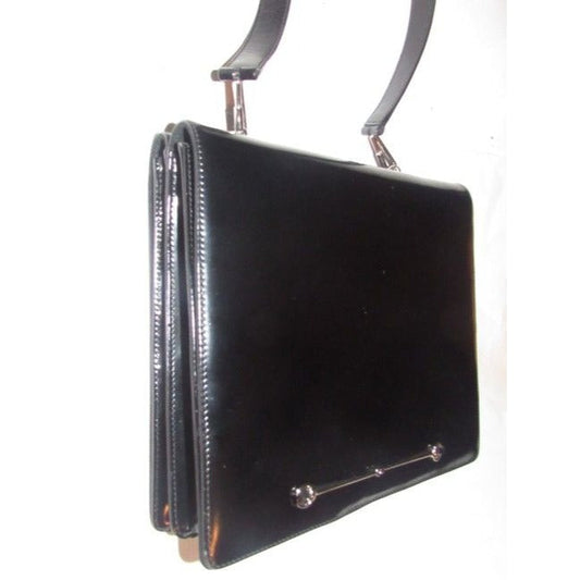 Gucci Vintage Pursesdesigner Purses Black Glossy Leather With Large Horse Bit Accent Satchel