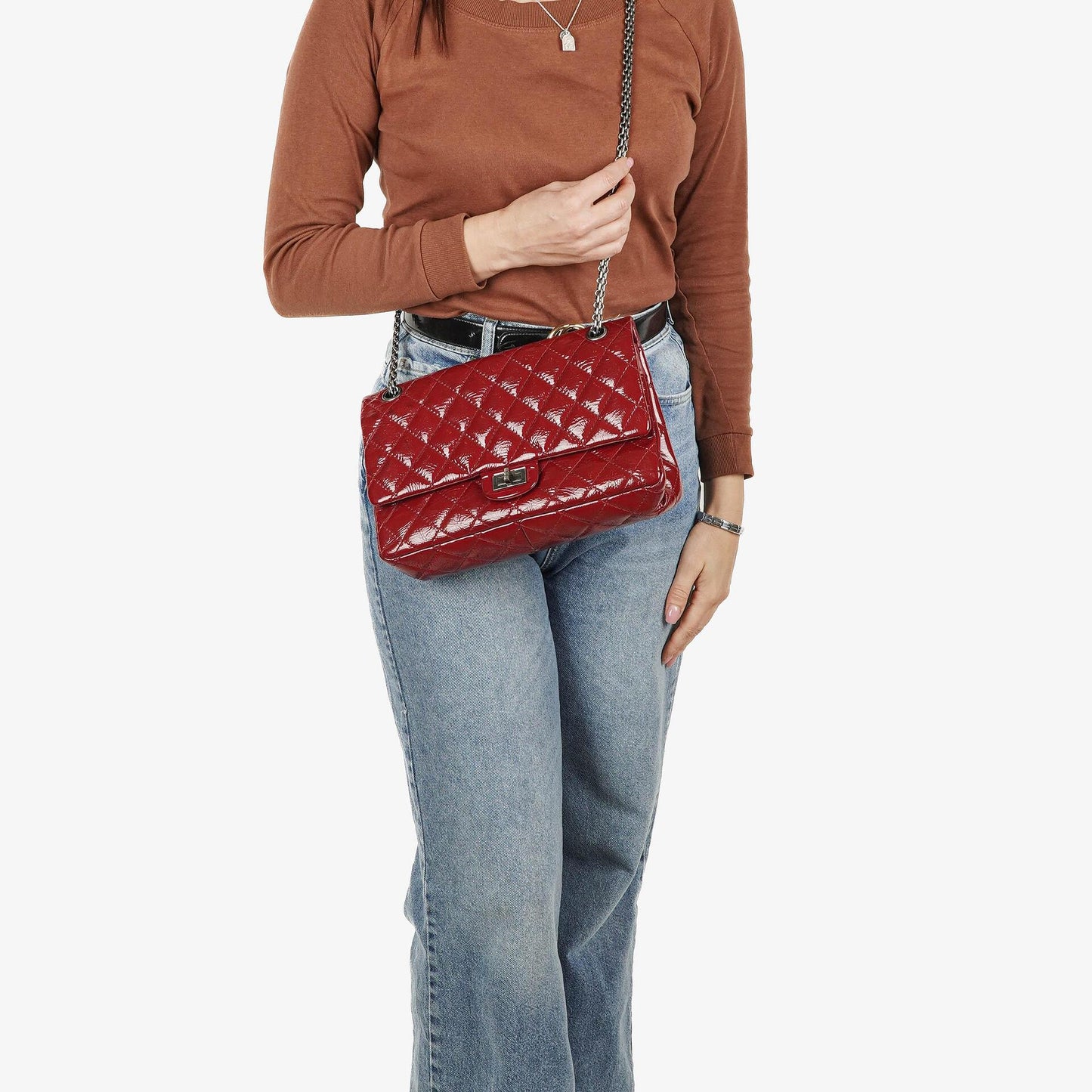 Chanel 2.55 226 Reissue Red Crinkled Patent Leather Flap Bag With Ruthenium Hardware