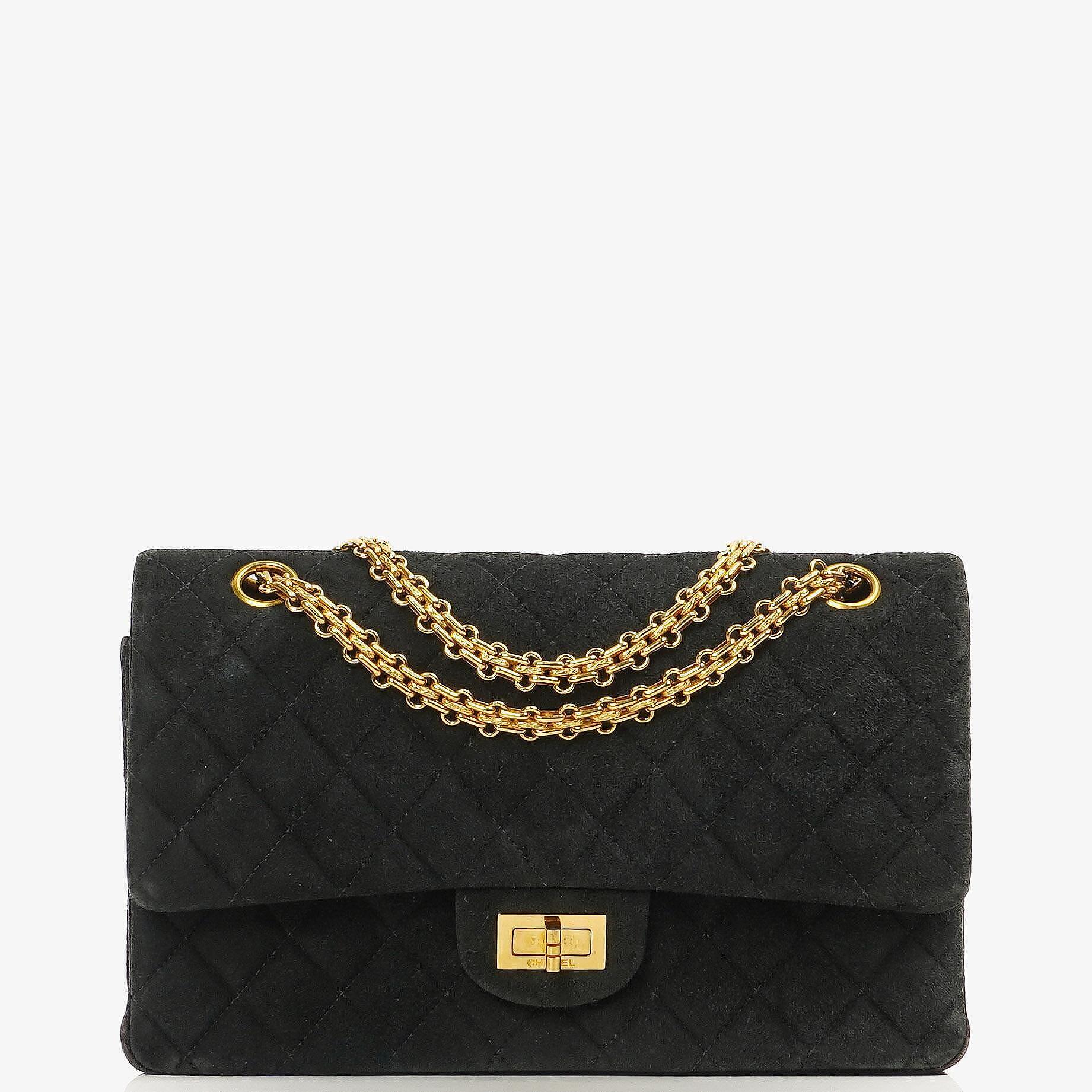 Chanel 2.55 Medium Classic Double Flap Bag Black Quilted Suede Gold Hardware