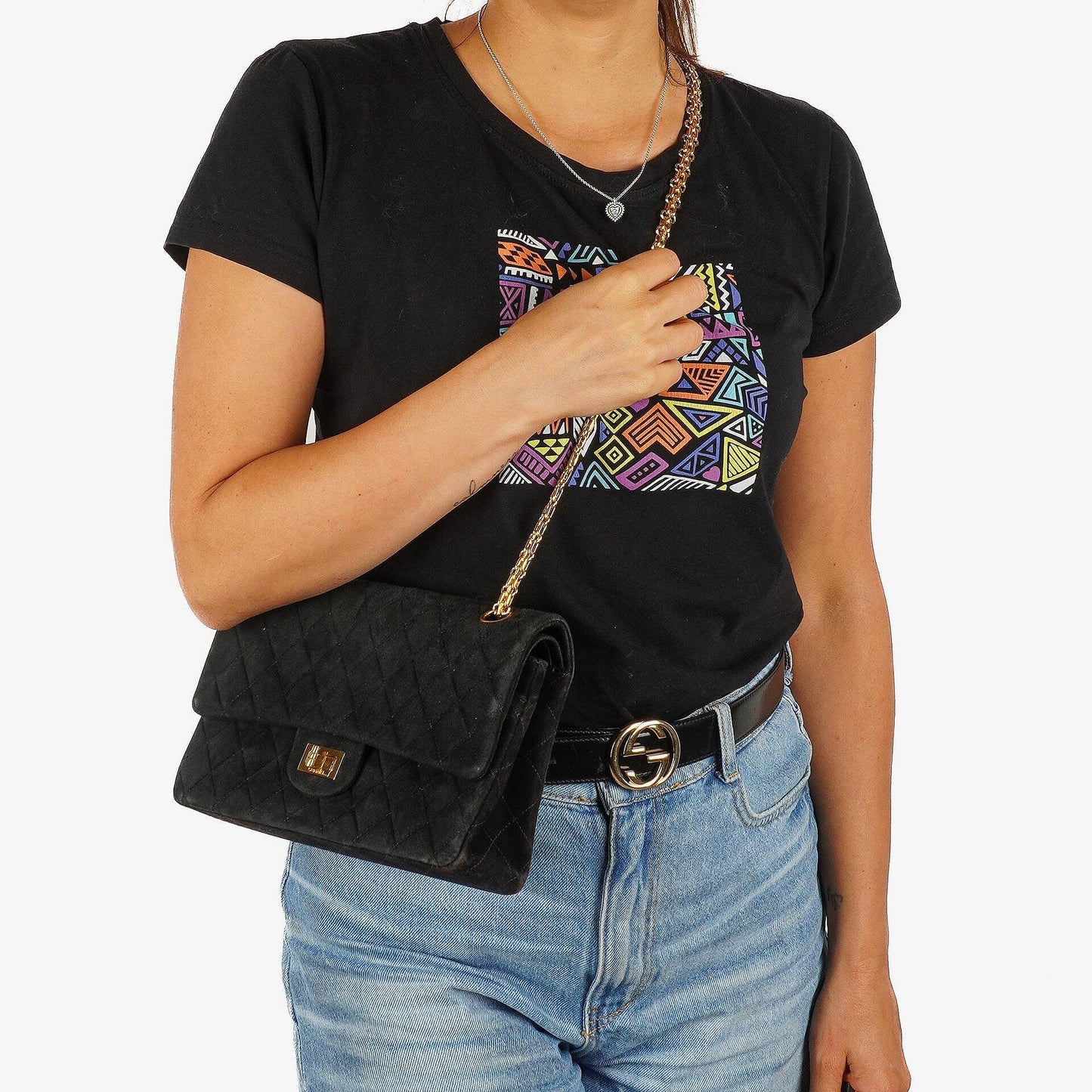 Chanel 2.55 Medium Classic Double Flap Bag Black Quilted Suede Gold Hardware
