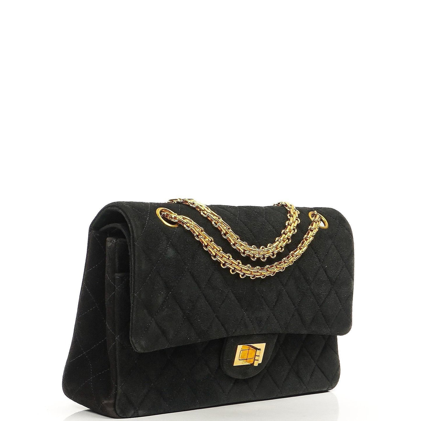 Chanel 2.55 Medium Classic Double Flap Bag Black Quilted Suede Gold Hardware