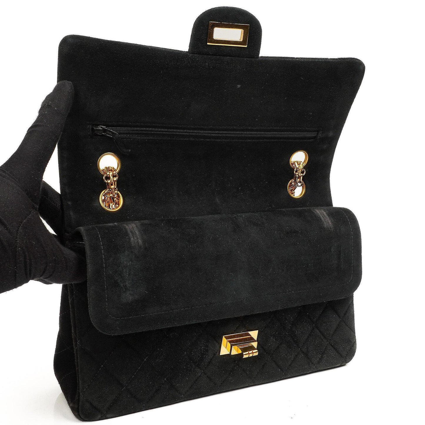 Chanel 2.55 Medium Classic Double Flap Bag Black Quilted Suede Gold Hardware