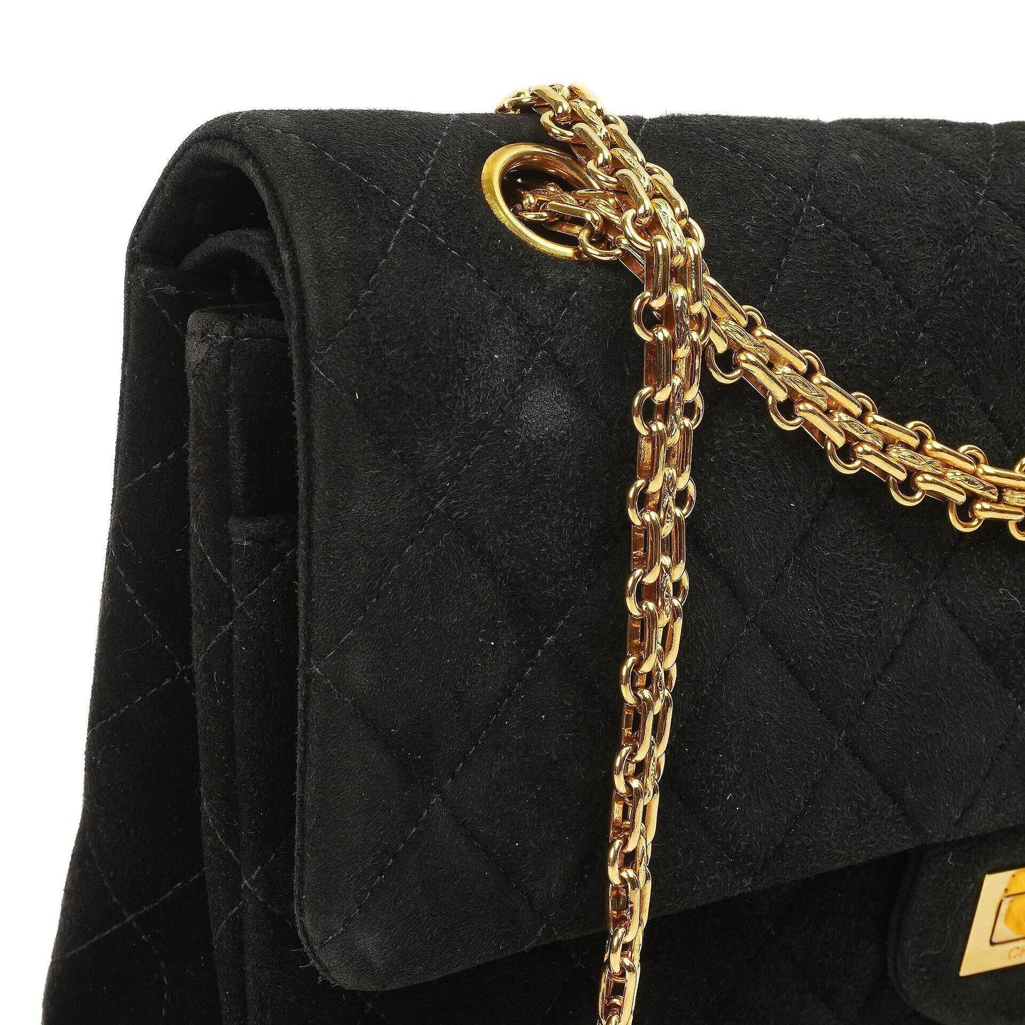 Chanel 2.55 Medium Classic Double Flap Bag Black Quilted Suede Gold Hardware