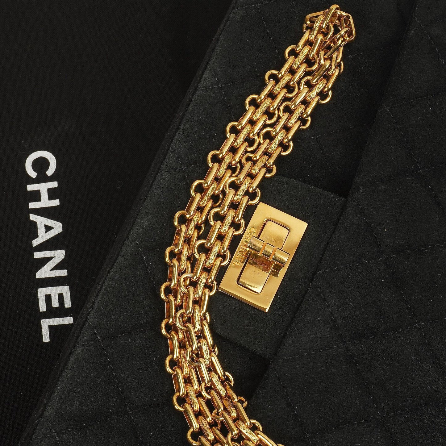 Chanel 2.55 Medium Classic Double Flap Bag Black Quilted Suede Gold Hardware