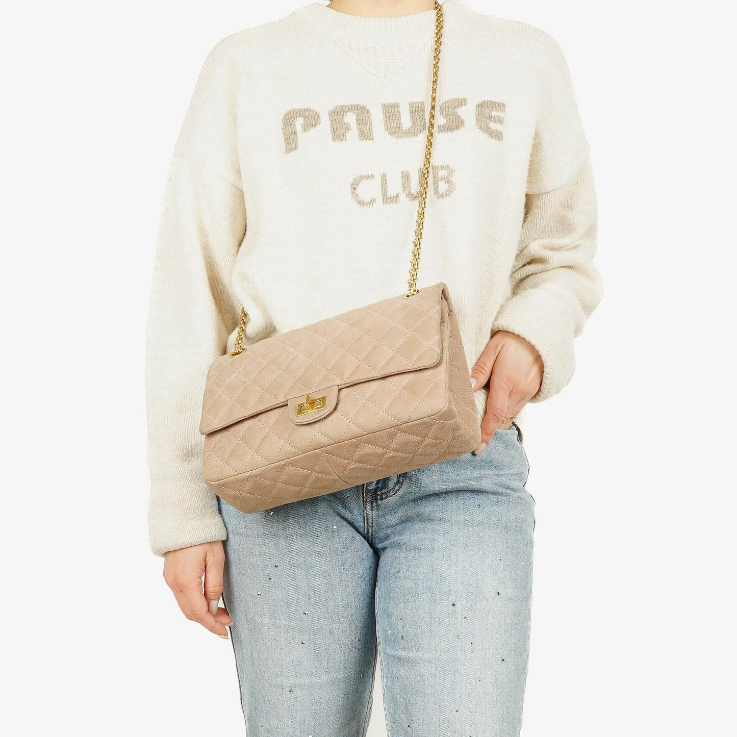 Chanel 2.55 Reissue 227 Flap Bag Beige Quilted Caviar With Gold-Tone Hardware