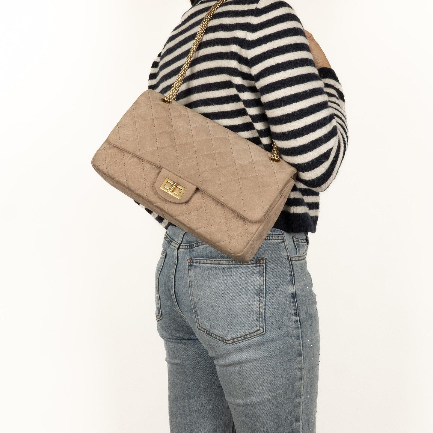 Chanel 2.55 Reissue 227 Jumbo Flap Bag Beige Quilted Caviar With Gold-Tone Hardware