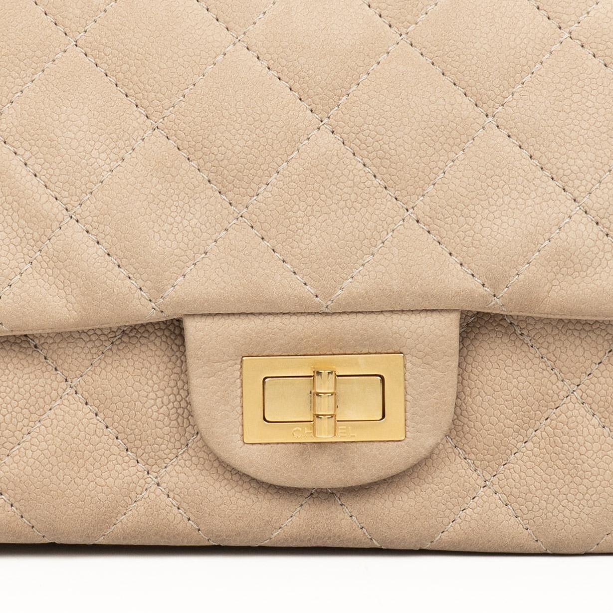Chanel 2.55 Reissue 227 Jumbo Flap Bag Beige Quilted Caviar With Gold-Tone Hardware
