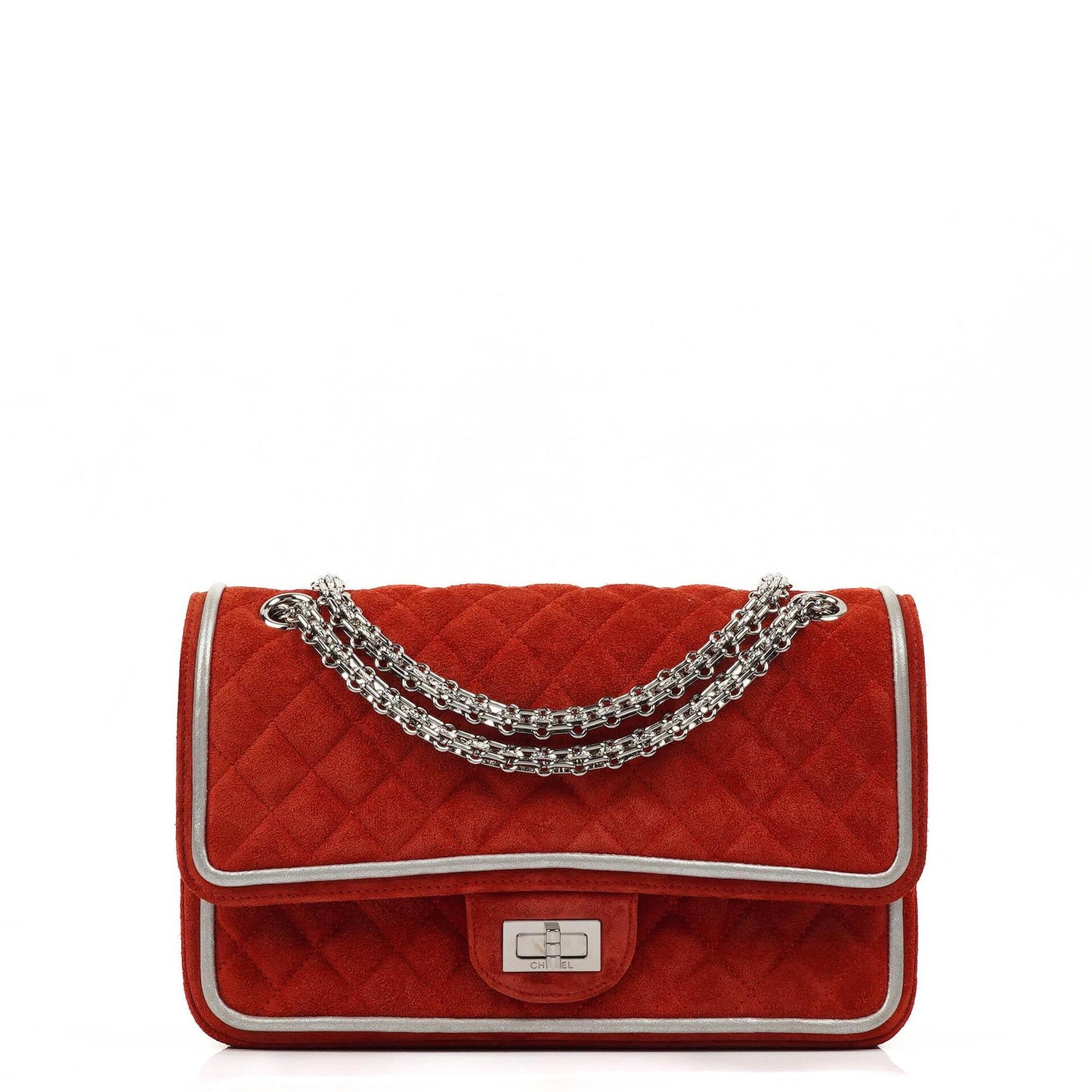 Chanel 2.55 Reissue Medium Double Flap Bag in Red Suede and Silver Leather