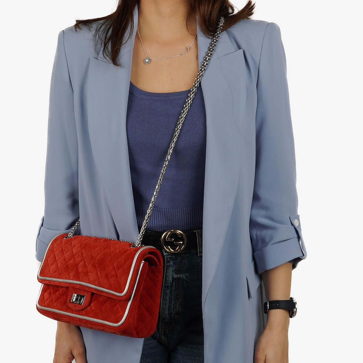 Chanel 2.55 Reissue Medium Double Flap Bag in Red Suede and Silver Leather
