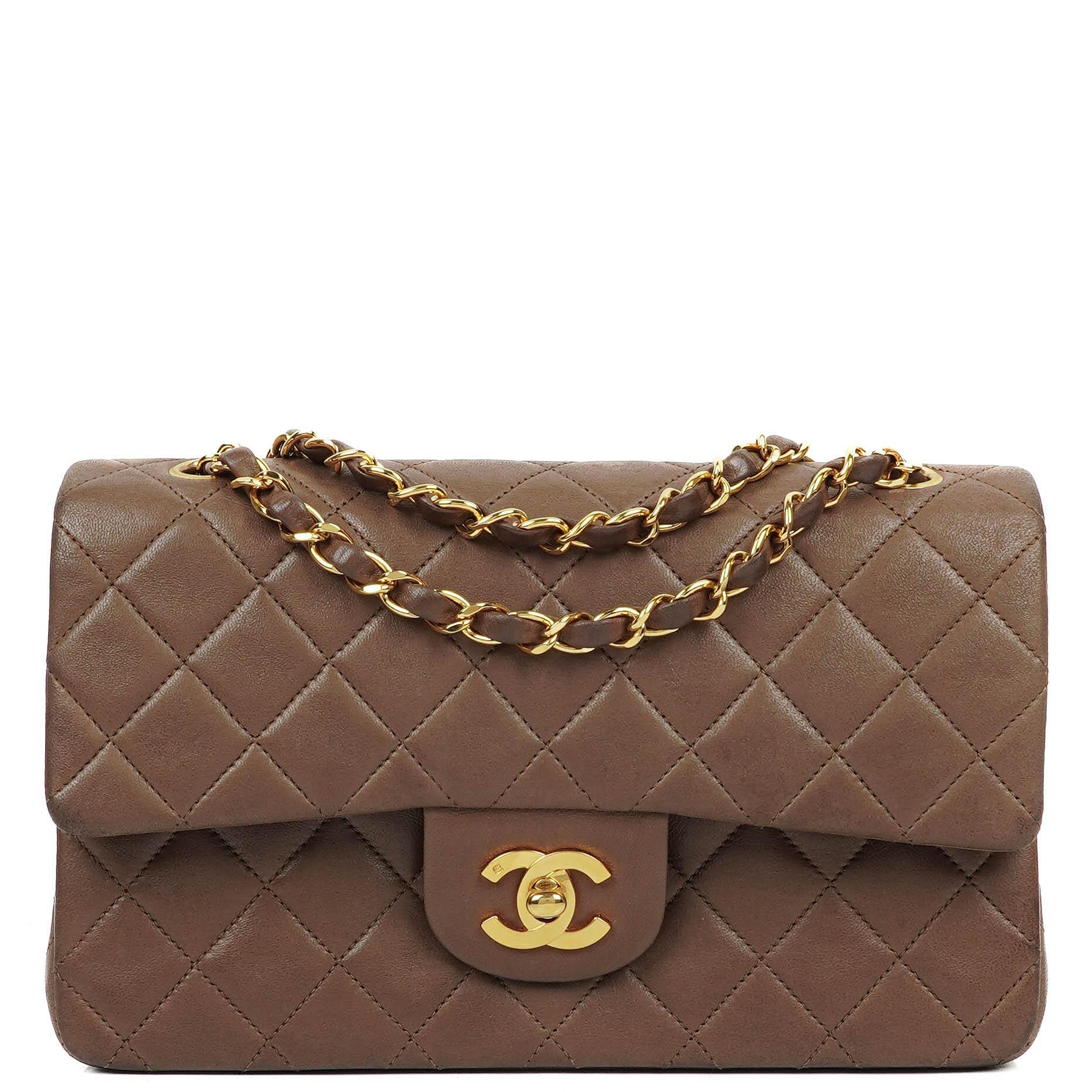 Chanel Small Clasic Double Flap Brown Quilted Lambskin 24K Gold-Plated Hardware