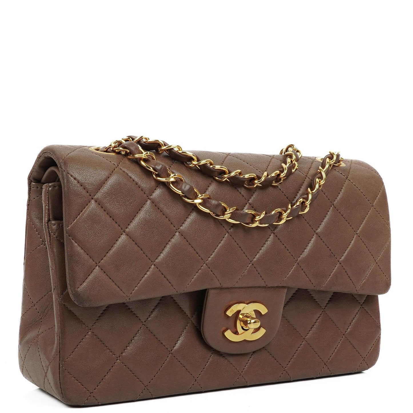 Chanel Small Clasic Double Flap Brown Quilted Lambskin 24K Gold-Plated Hardware
