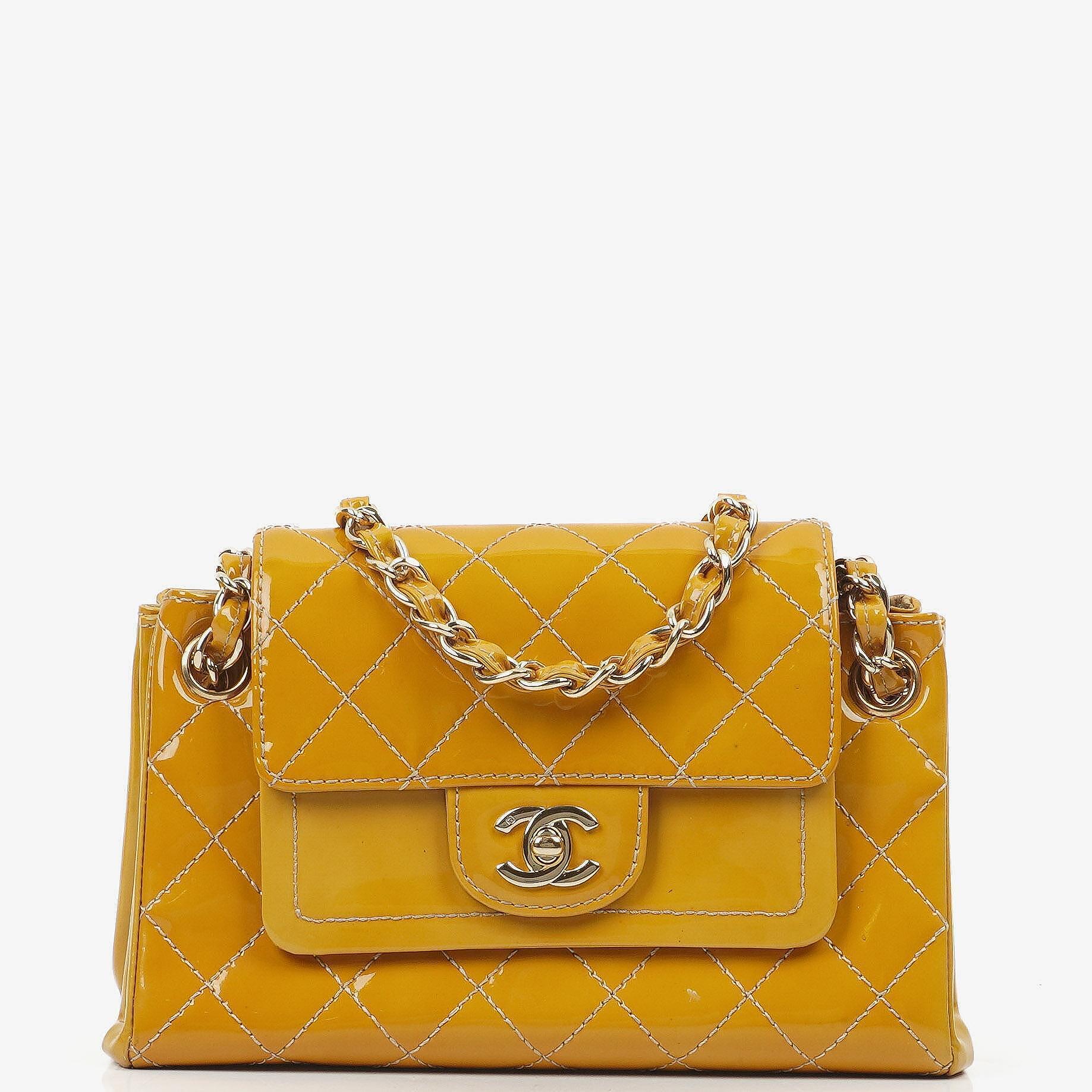Chanel Accordion Double Flap Bag Yellow Quilted Patent Leather With 24K Champagne Gold-Plated Hardware
