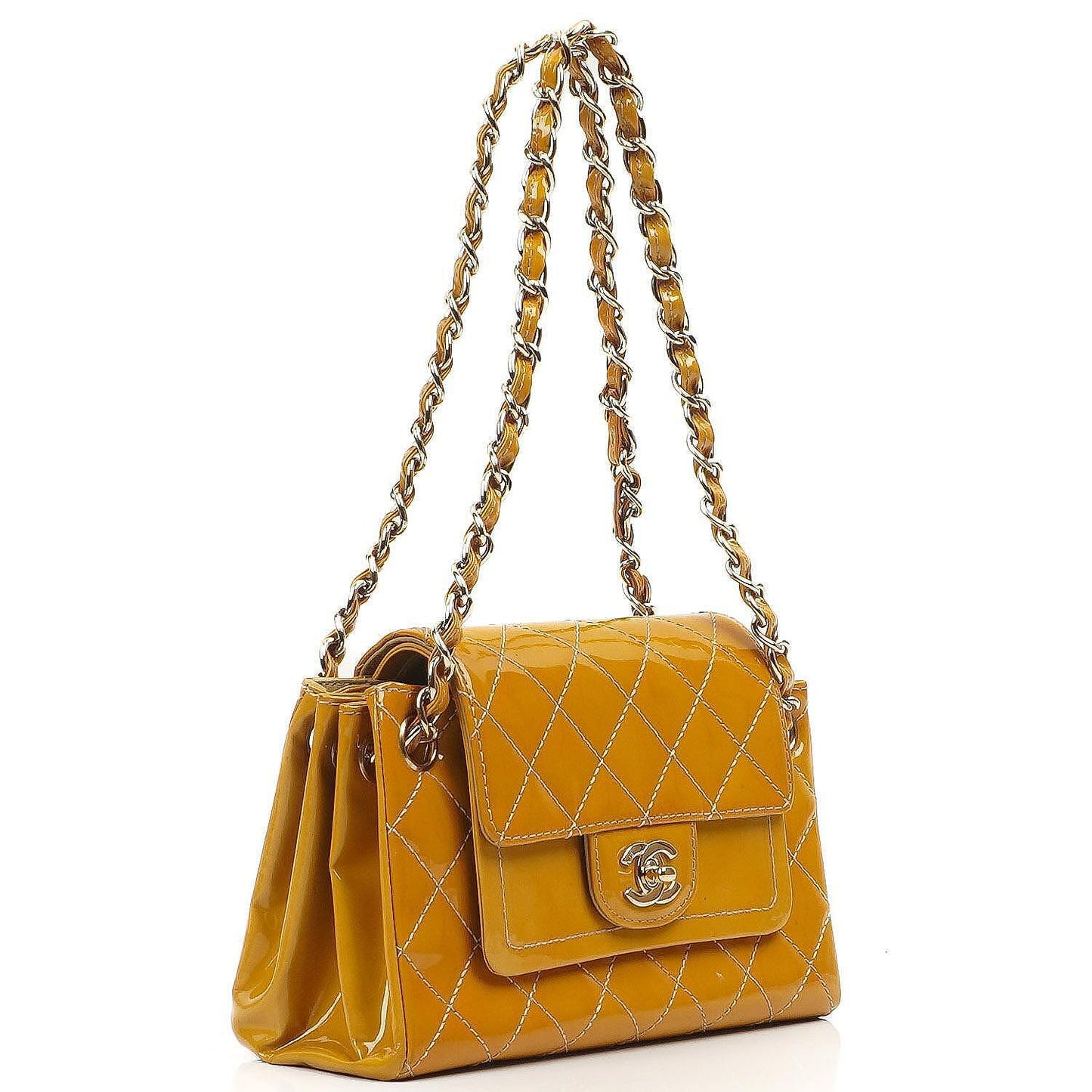 Chanel Accordion Double Flap Bag Yellow Quilted Patent Leather With 24K Champagne Gold-Plated Hardware